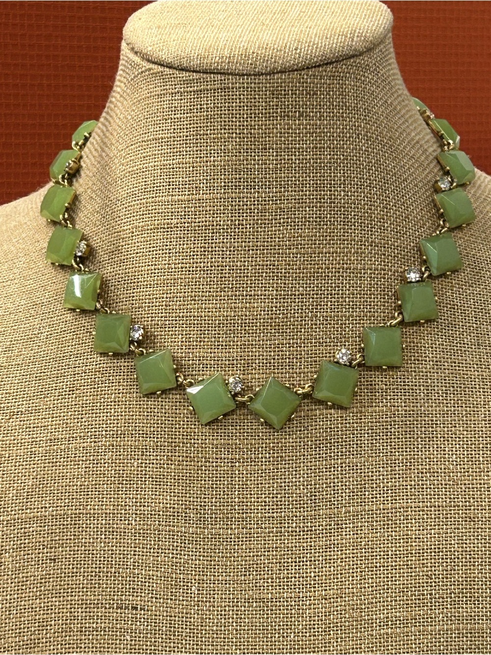 J. Crew green glass and rhinestone statement necklace
